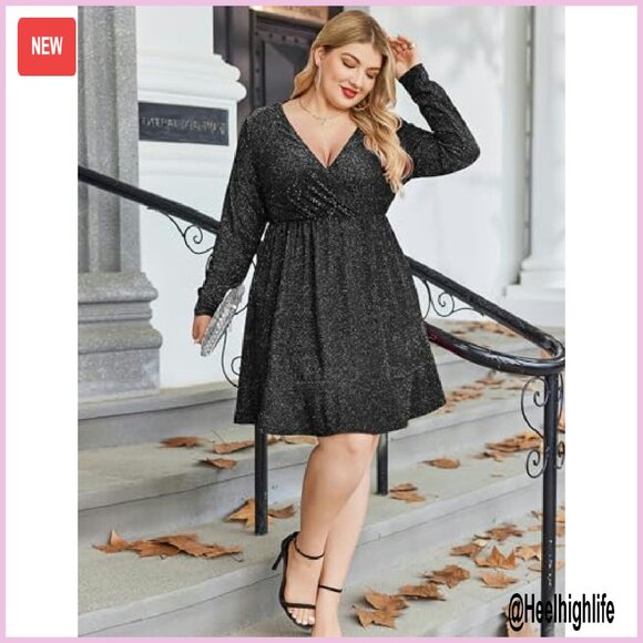 Plus Size Glitter Dress Long Sleeve V Neck Ruffle Hem Cocktail Party - Picture 4 of 8